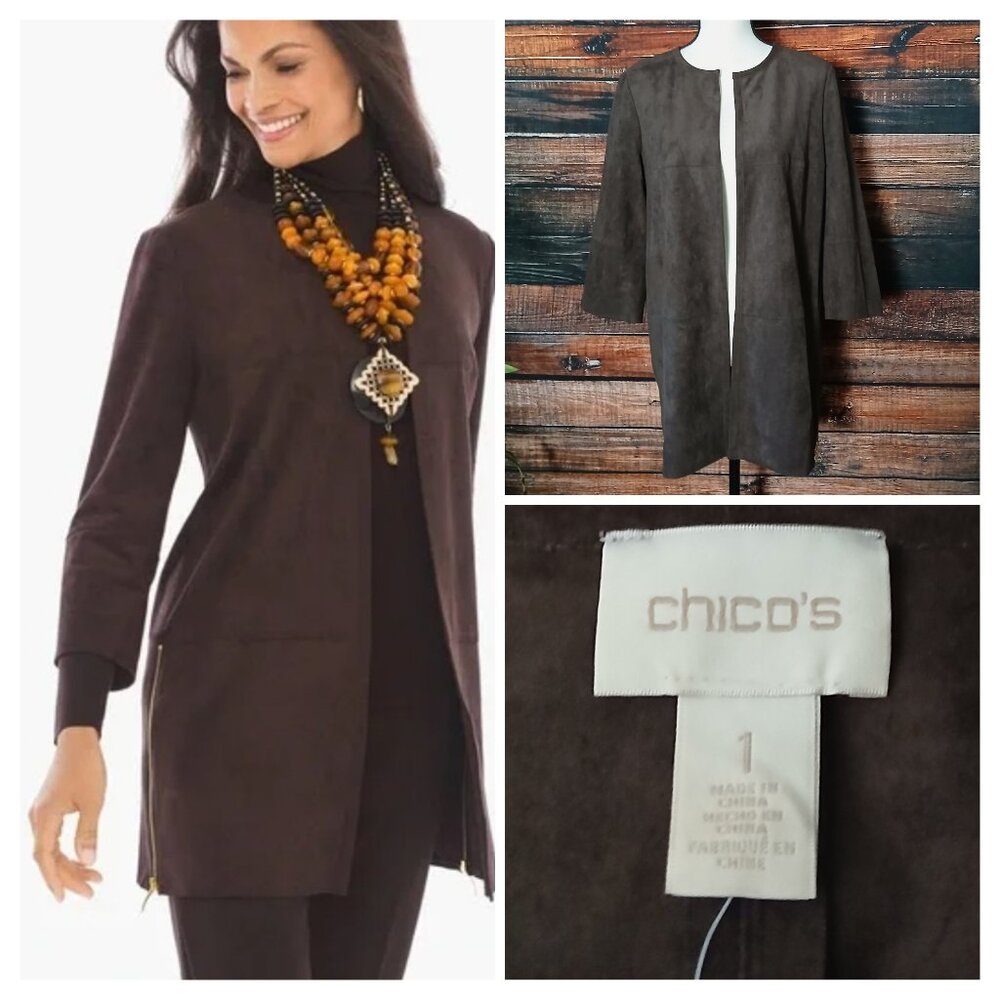 NWT Chicos Jacket Size 1 US M Faux Suede Open Front Topper